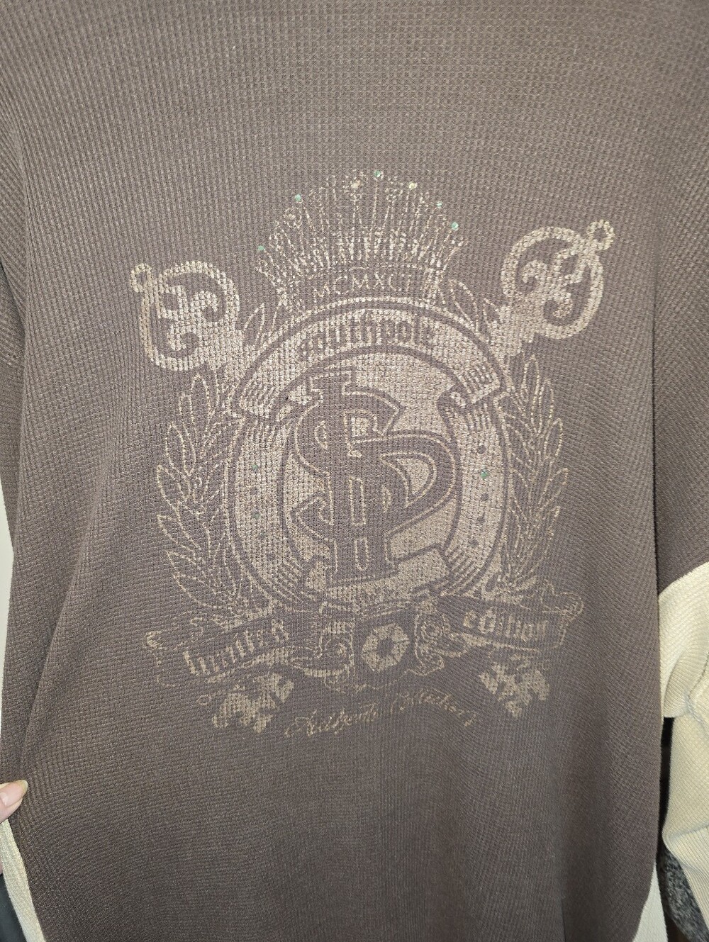 Y2K Southpole XL Brown Thermal Shirt Colorblock Graphic Sequin Streetwear - Picture 3 of 12